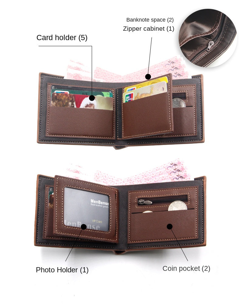 New Men's Wallet Short Cross Section Youth Tri-fold Wallet Stitching Business Multi-card Zipper Coin Purse Wallet Passport Cover
