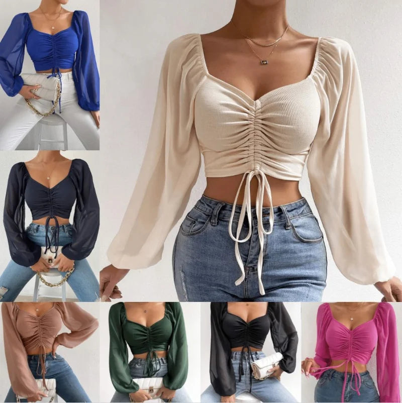 Ladies Summer Casual Drawstring Crop Tops Tee