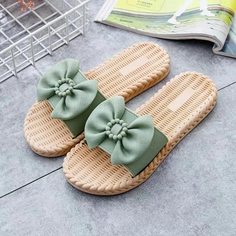 2024 Summer PVC Bow Women Sandals 3cm Thick Casual Shoes One line Elevated Flat Bottom Slippers