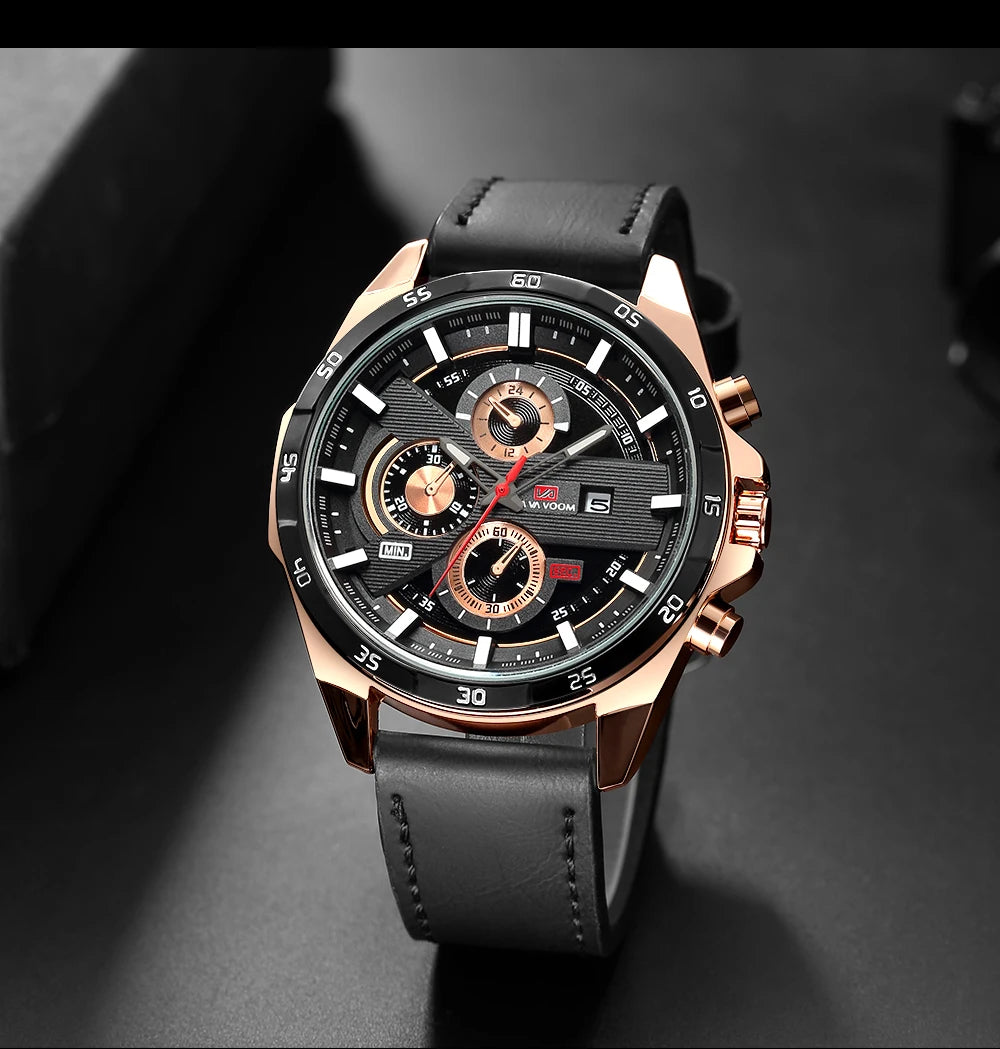 Black Leather Watch Top Brand Motorsport Series 46mm Large Military Style Quartz Movement Decorative Calendar Watch reloj hombre