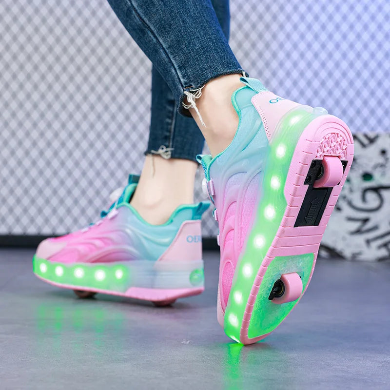 Kids Roller Skate Sneakers Glowing Sports Luminous Sneakers Skateboard USB Charging