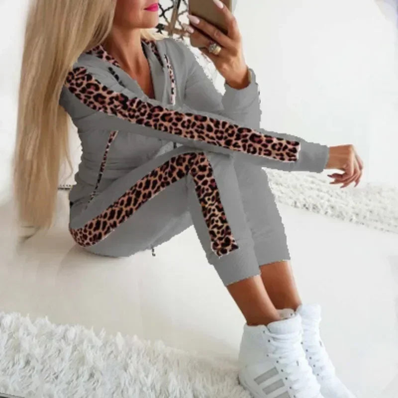 Women's S-5XL Plus Size Autumn and winter new women's leopard print printed zippered hoodie set, sexy home clothing