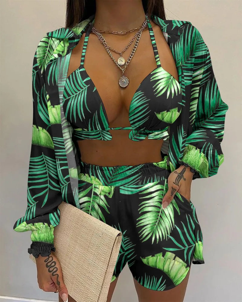Three Pieces Swimwear Sexy Beachwear High Waist Bikini Set Print Women's Swimsuit