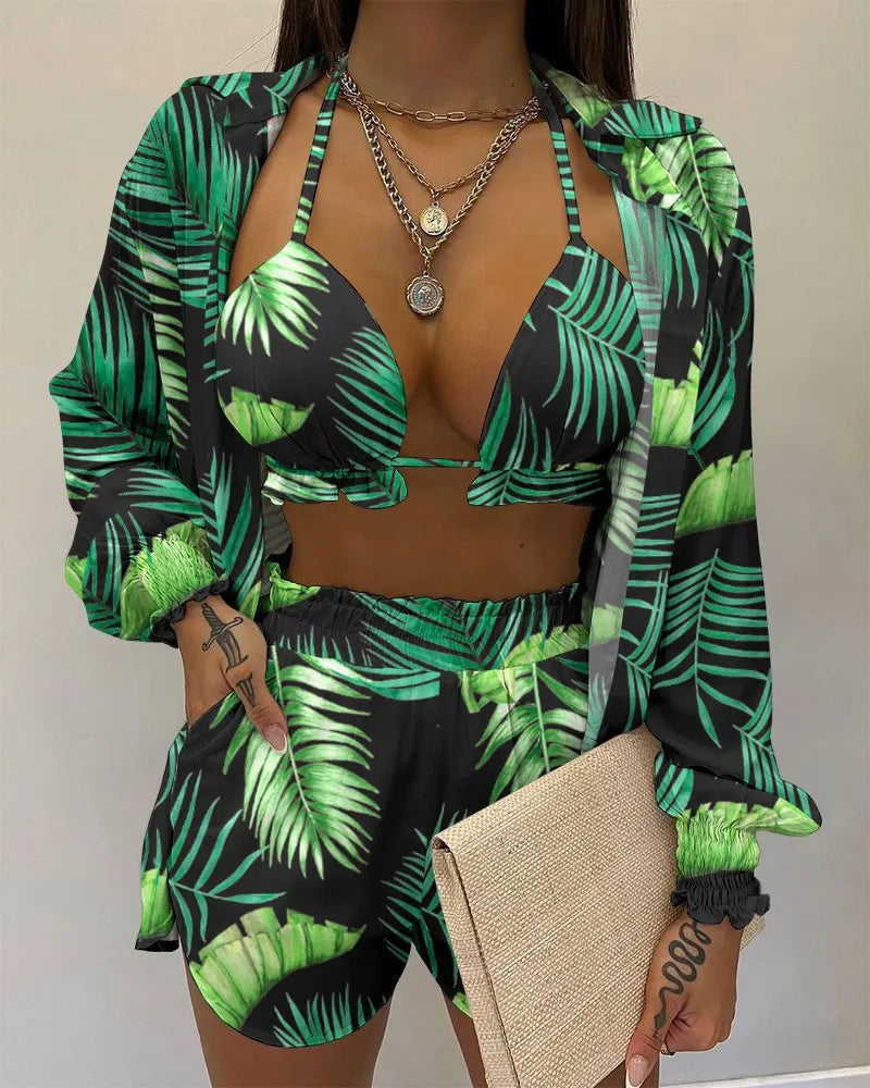 Three Pieces Swimwear Sexy Beachwear High Waist Bikini Set Print Women's Swimsuit