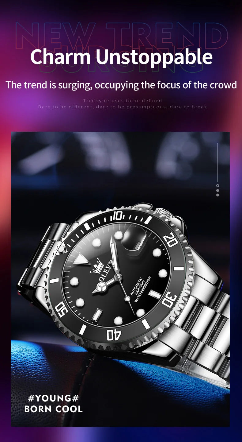 OLEVS 6650 Men Watch Classic Original Automatic Mechanical Watch For Man Zircon Scale Waterproof Luminous Stainless Steel Reloj