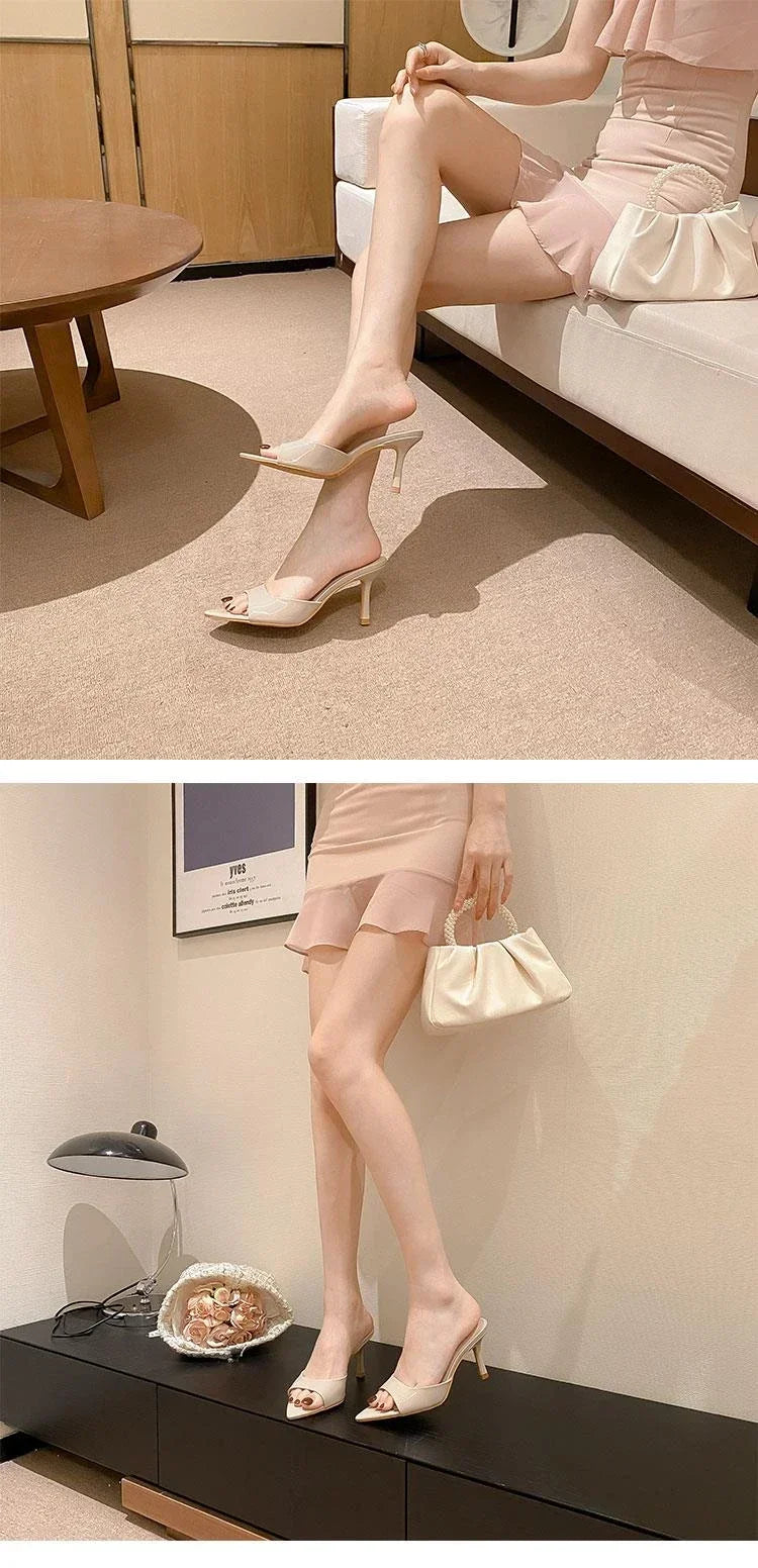 Women's High Heel Slippers Thin Heels Pointed Toe Solid Slippers Women Dress Banquet Summer Mature Concise Zapatillas De Mujer