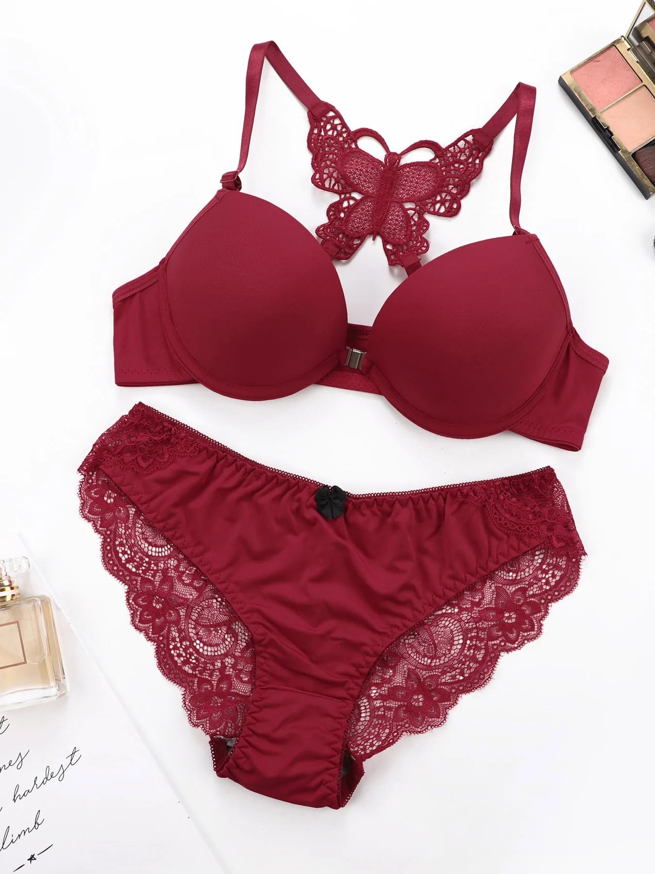 Hot selling 2-piece set of sexy red front button braissere beautiful back butterfly fashion bra push up women's set A2120