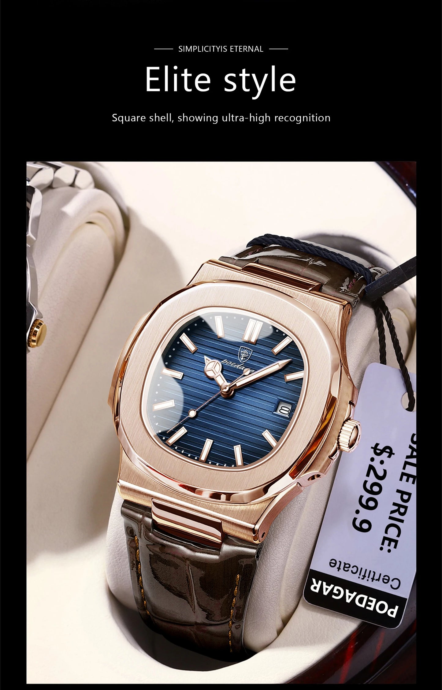 POEDAGAR Top Luxury Square Man Watch Date Waterproof Luminous Quartz Men Watches High Quality Fashion Sports Leather Men's Watch