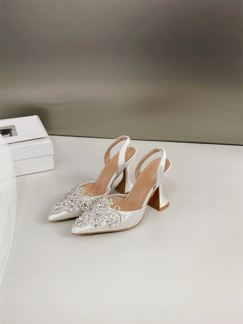 Liyke Spring Summer Fashion Crystal Rhinestone Women Pumps Sexy Pointed Toe Red High Heels Party Wedding Prom Shoe Sandal Female