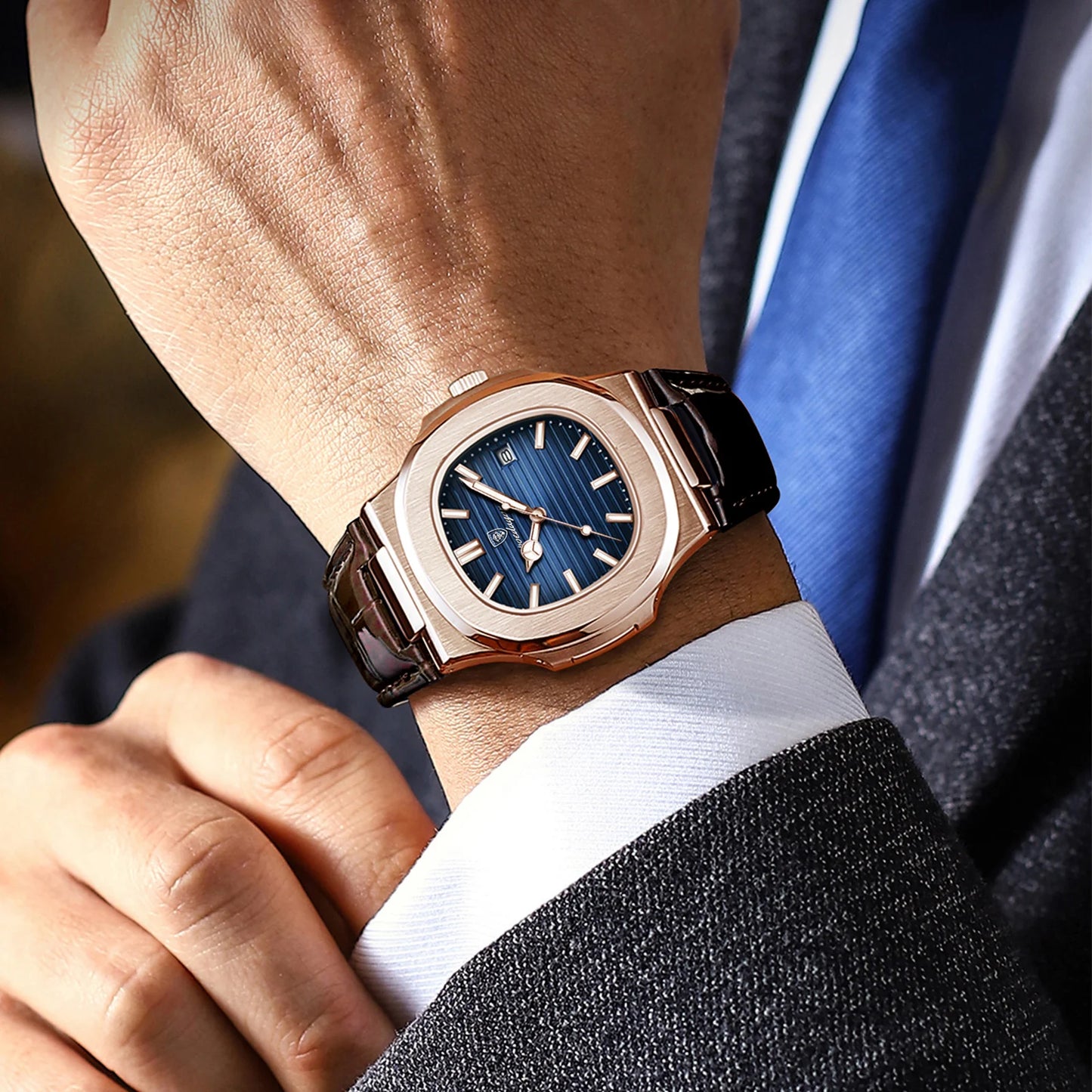 POEDAGAR Top Luxury Square Man Watch Date Waterproof Luminous Quartz Men Watches High Quality Fashion Sports Leather Men's Watch