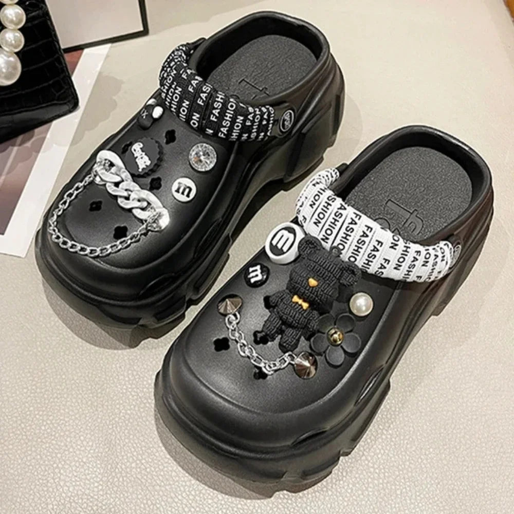 Bling Pearls Diamond Cute Bear Decor Vented Clogs Slides 7CM Platfrom Outdoor Beach Sandals Summer Girls Slippers Women Shoes