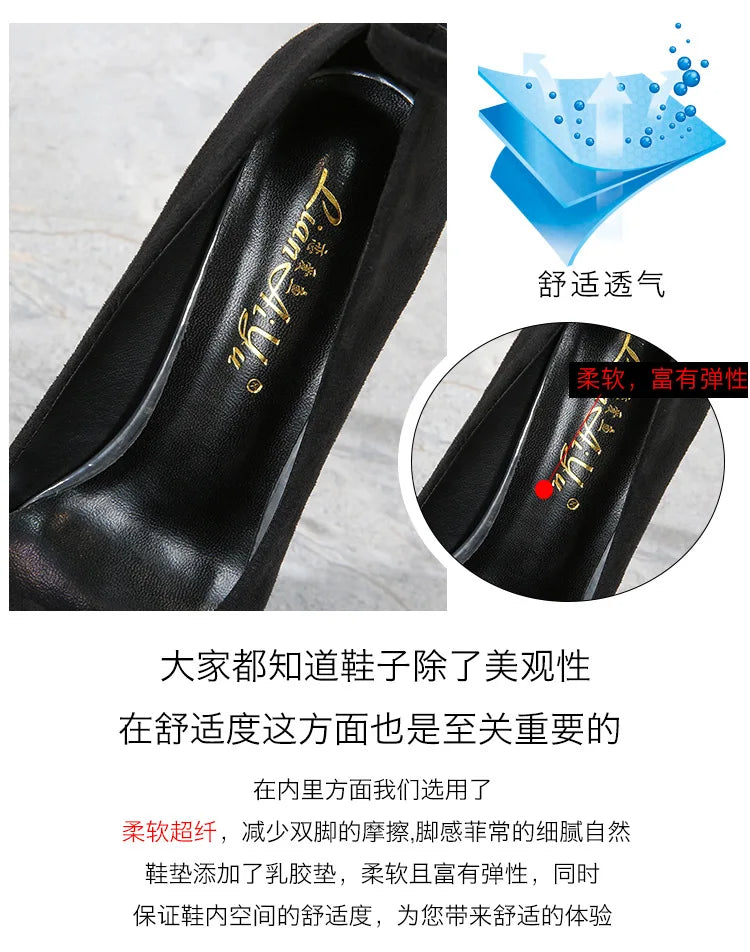 Women's One-button Round Toe High Heels Women's Stiletto High Waterproof Platform Suede Single Shoes