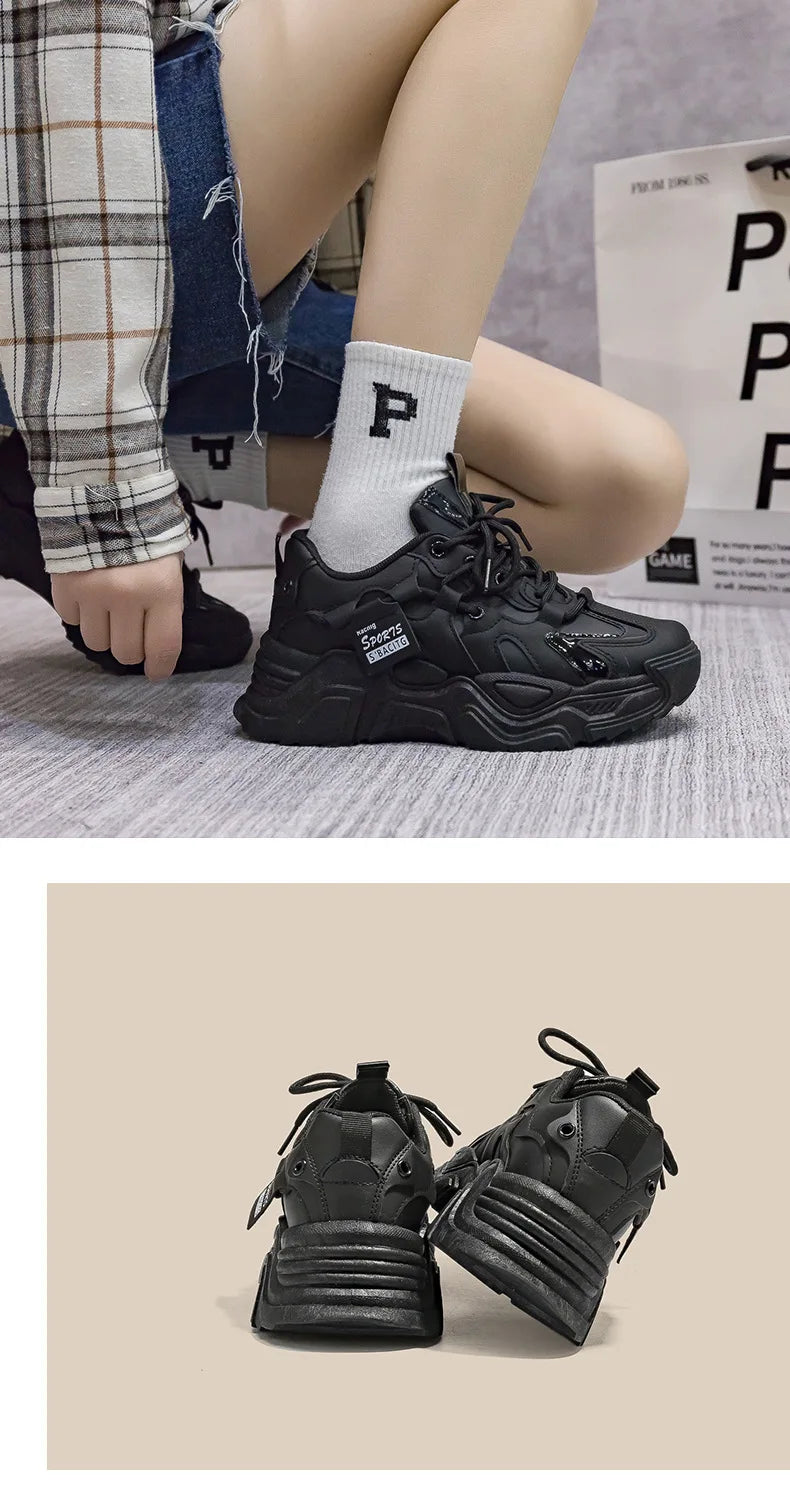 Women's Shoes Platform Autumn Leather 2023 New Versatile Black Casual Sneaker Solid Color Lace-up Vulcanize Shoes Tenis Feminino