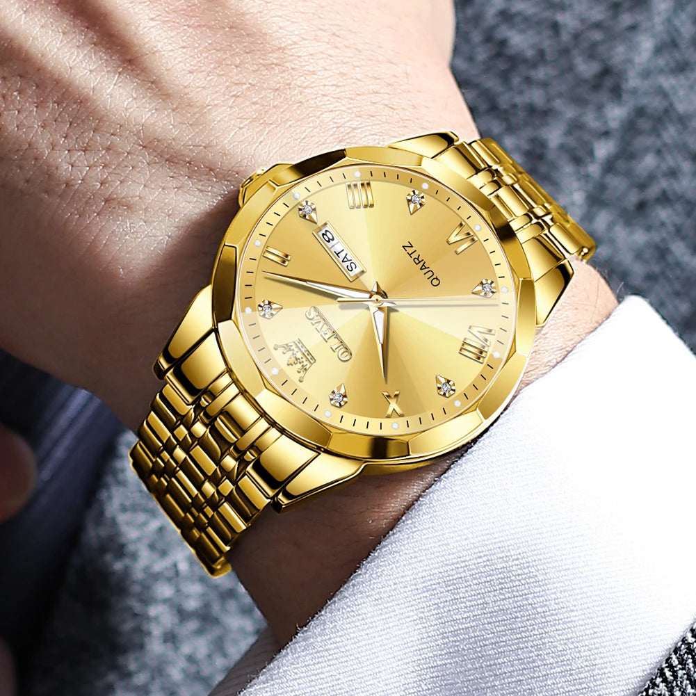 OLEVS New Watch for Men Original Quartz Waterproof Male Wristwatch Gold Stainless Steel Strap High-end Luxury Man Watch Clock