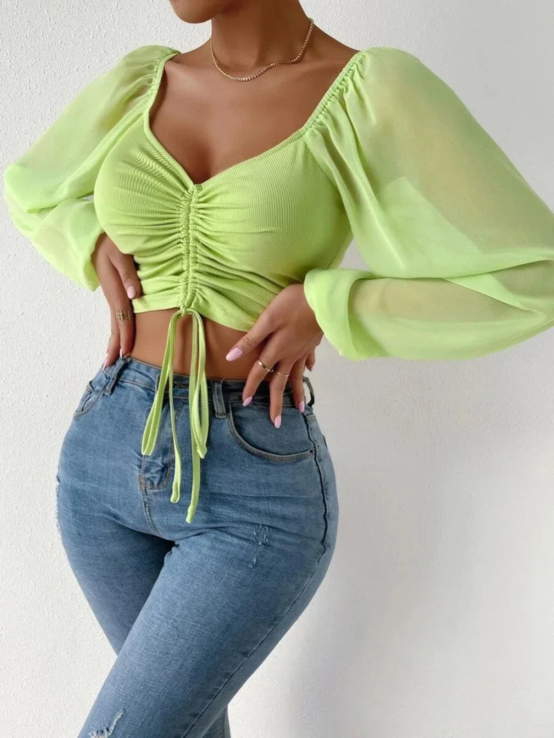 Ladies Summer Casual Drawstring Crop Tops Tee