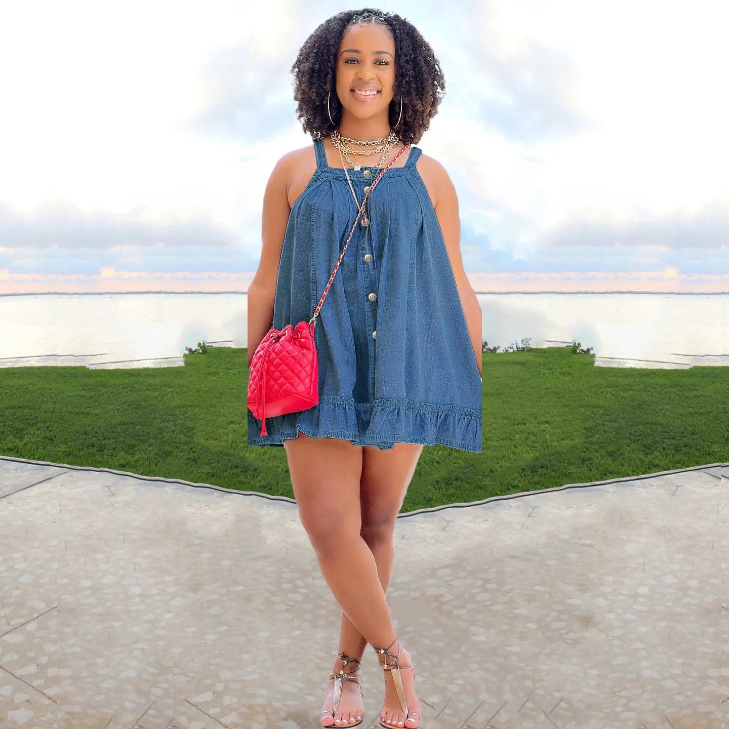 Elegant Women Denim Spaghetti Strap Dress