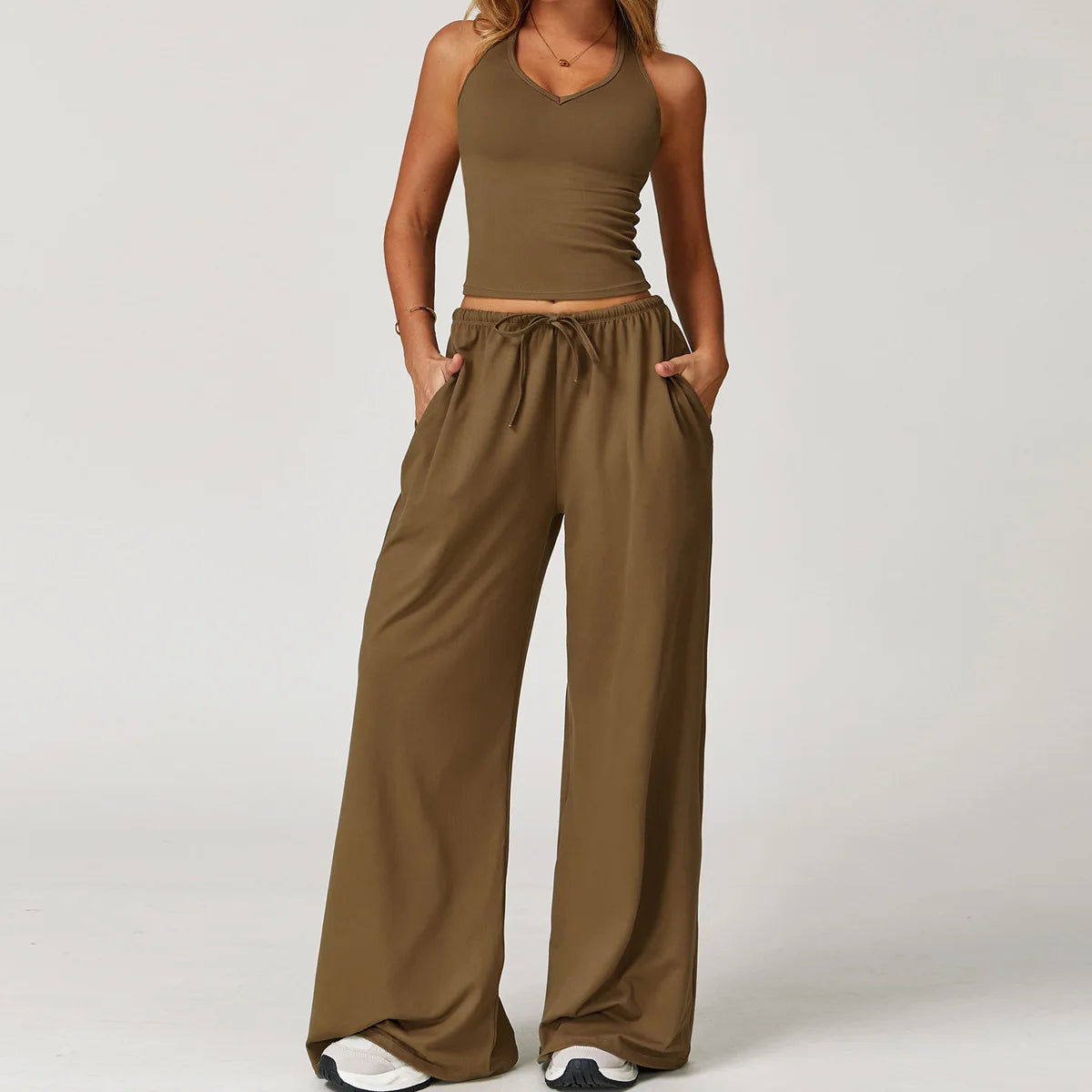 Yoga yellow gym Set 2 Pieces Women Clothes Workout Outfits Fitness Sportswear Wide leg straight pants Tracksuit Sports Tank suit
