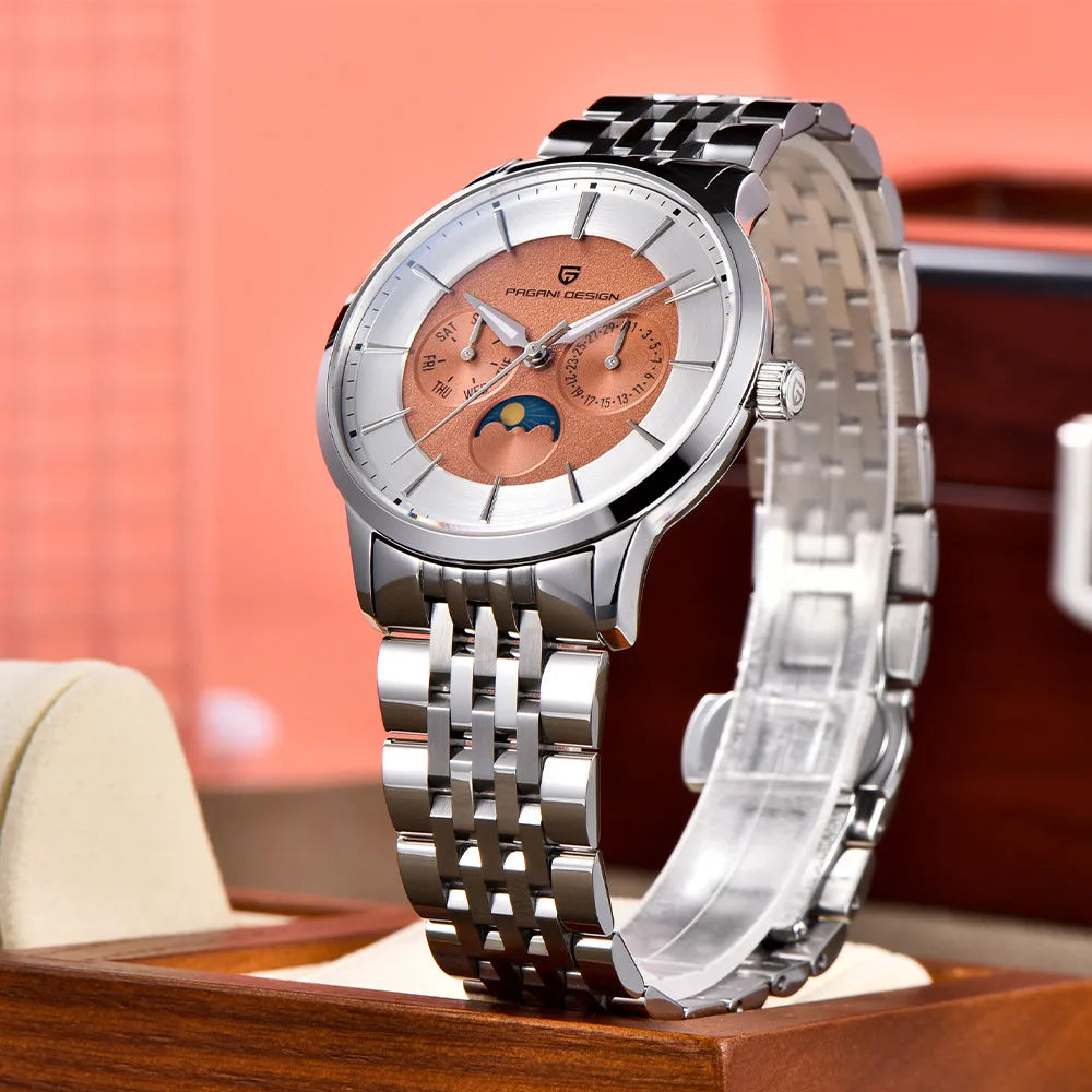 Pagani Design 2025 New 40mm Moon Phase Multifunctional Men Watch 100m Waterproof Sapphire Glass Men Quartz Watches
