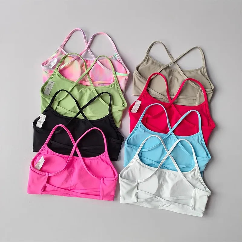 Women's Solid Color Fitness Bra Soft Cross Back Gym Sports Top with Chest Pad Push-Up Yoga Vest Sport Bra Yoga Gym Crop Top