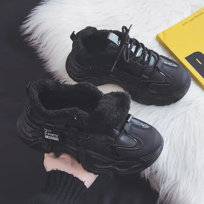 Women's Shoes Platform Autumn Leather 2023 New Versatile Black Casual Sneaker Solid Color Lace-up Vulcanize Shoes Tenis Feminino