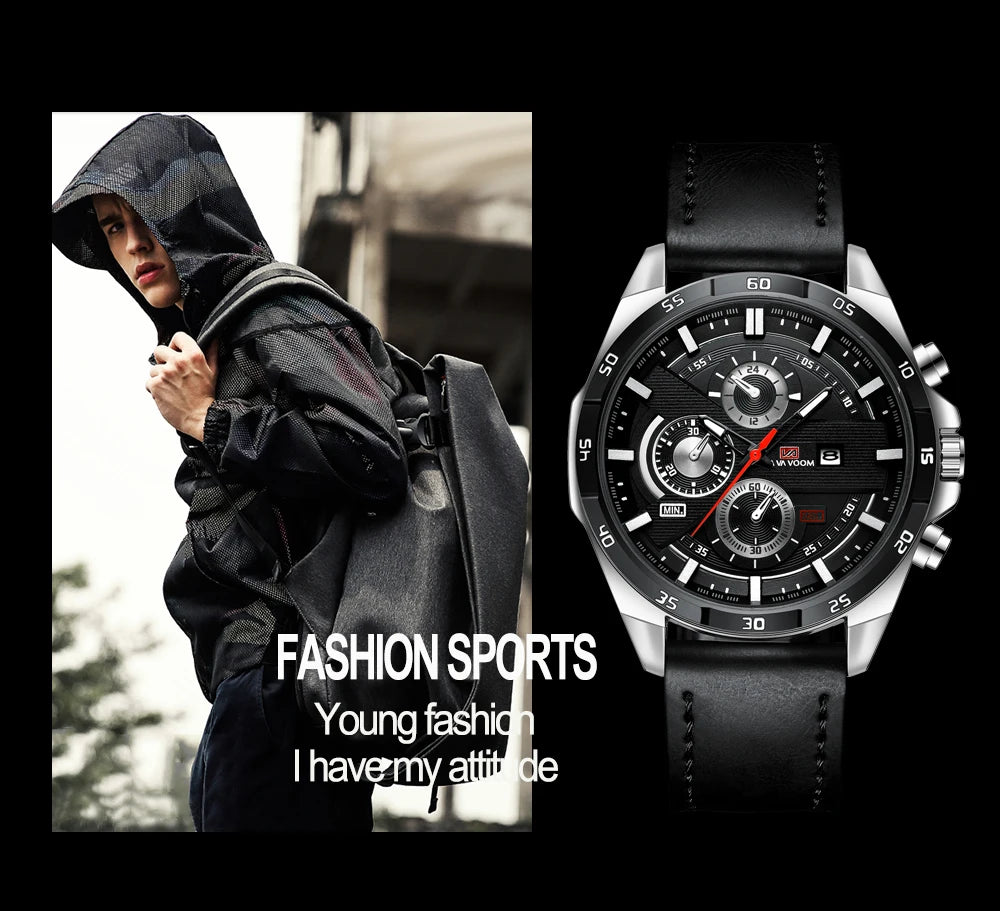 Black Leather Watch Top Brand Motorsport Series 46mm Large Military Style Quartz Movement Decorative Calendar Watch reloj hombre