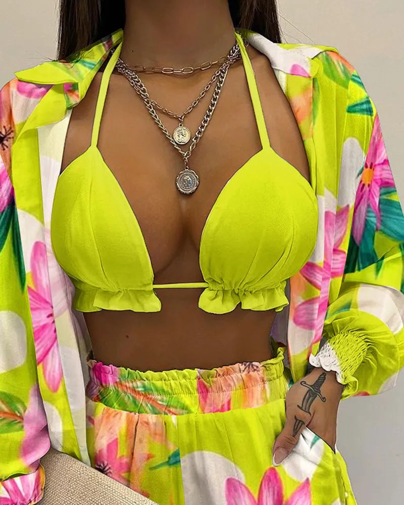 Three Pieces Swimwear Sexy Beachwear High Waist Bikini Set Print Women's Swimsuit