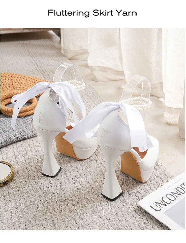 2025 Summer High Heels Womens Sandals Fashion Super High Heels Sandals Bow One Word Buckle Square Head Coarse Heels Ladies Shoes