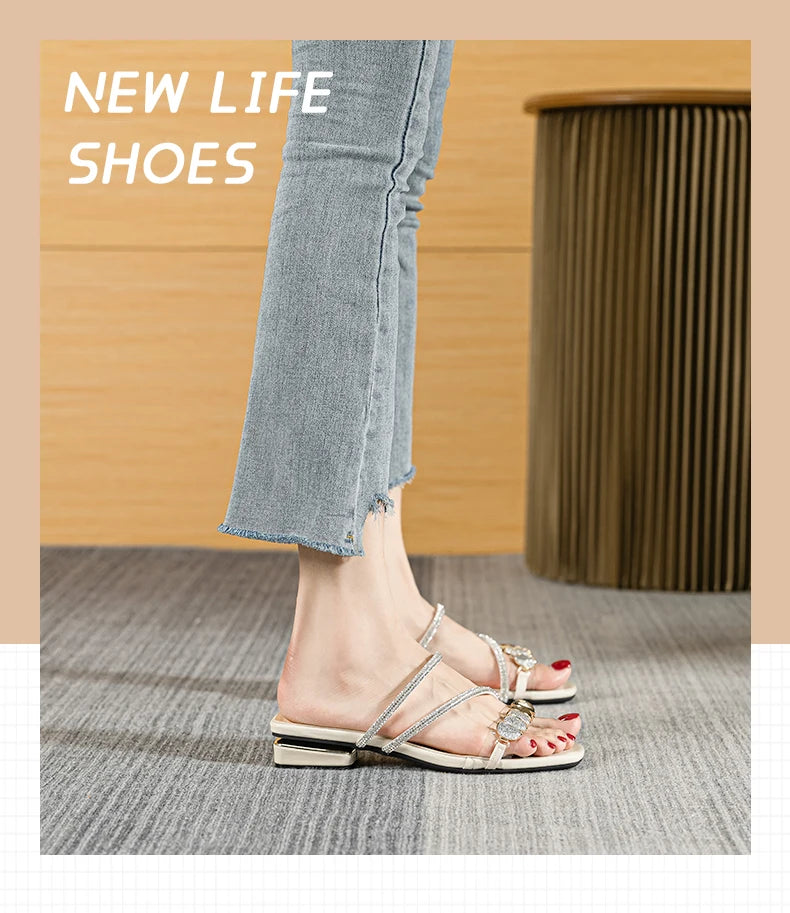 2023 summer new women's slippers outdoor sandals casual flat shoes Stylish metal design Korean style office wear Large size 43