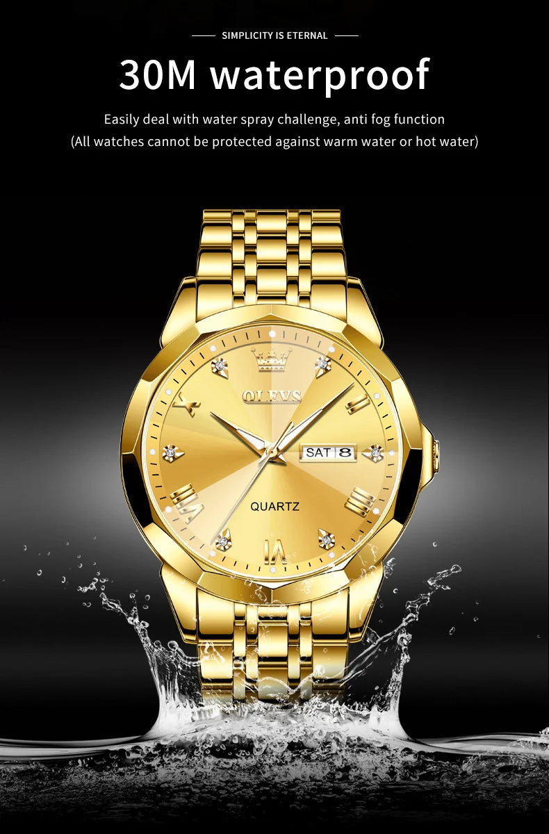 OLEVS New Watch for Men Original Quartz Waterproof Male Wristwatch Gold Stainless Steel Strap High-end Luxury Man Watch Clock