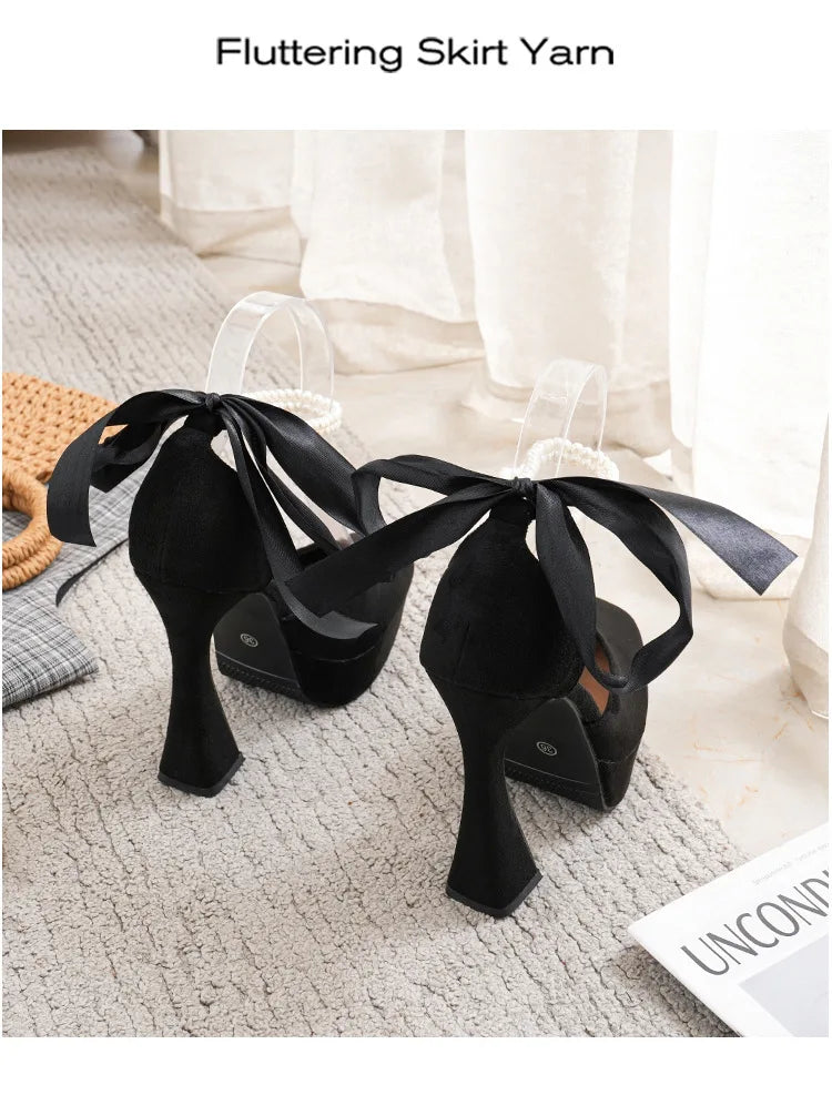 2025 Summer High Heels Womens Sandals Fashion Super High Heels Sandals Bow One Word Buckle Square Head Coarse Heels Ladies Shoes
