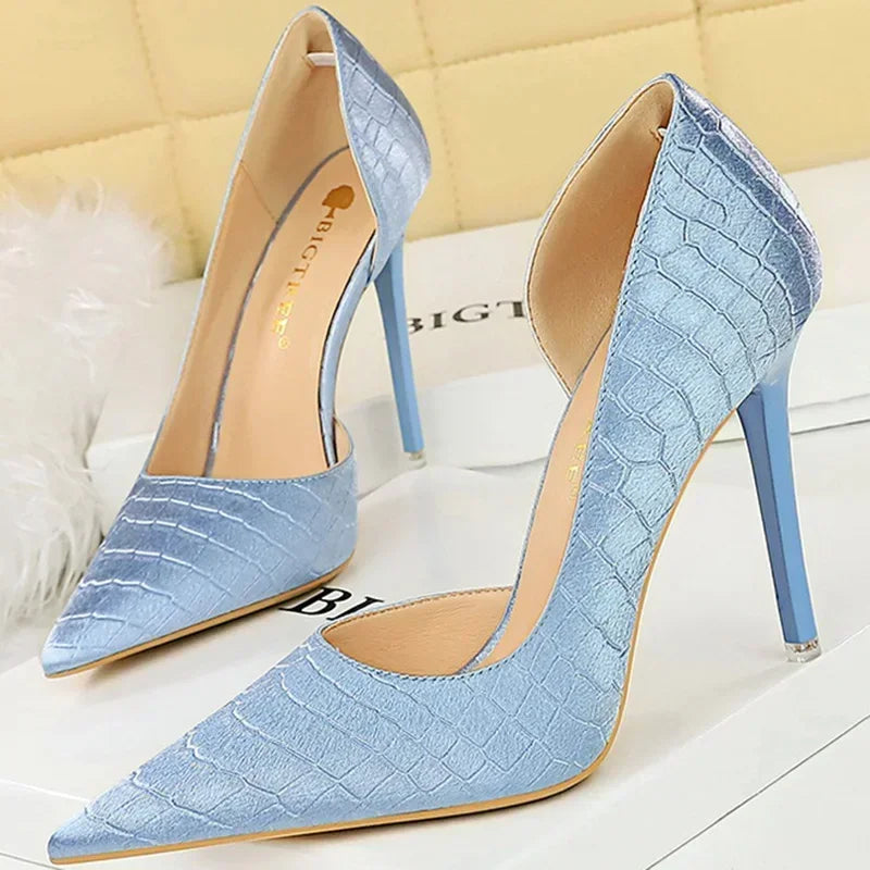 Women 11cm High Heels Retro Green Blue Fashion Catwalk Pumps Lady Silk Satin Heels Stone Pattern Design Shoes Plus Size 34-43