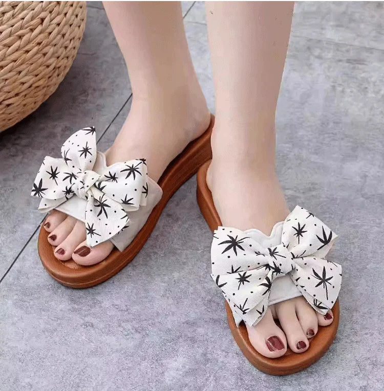 2024 Summer PVC Bow Women Sandals 3cm Thick Casual Shoes One line Elevated Flat Bottom Slippers