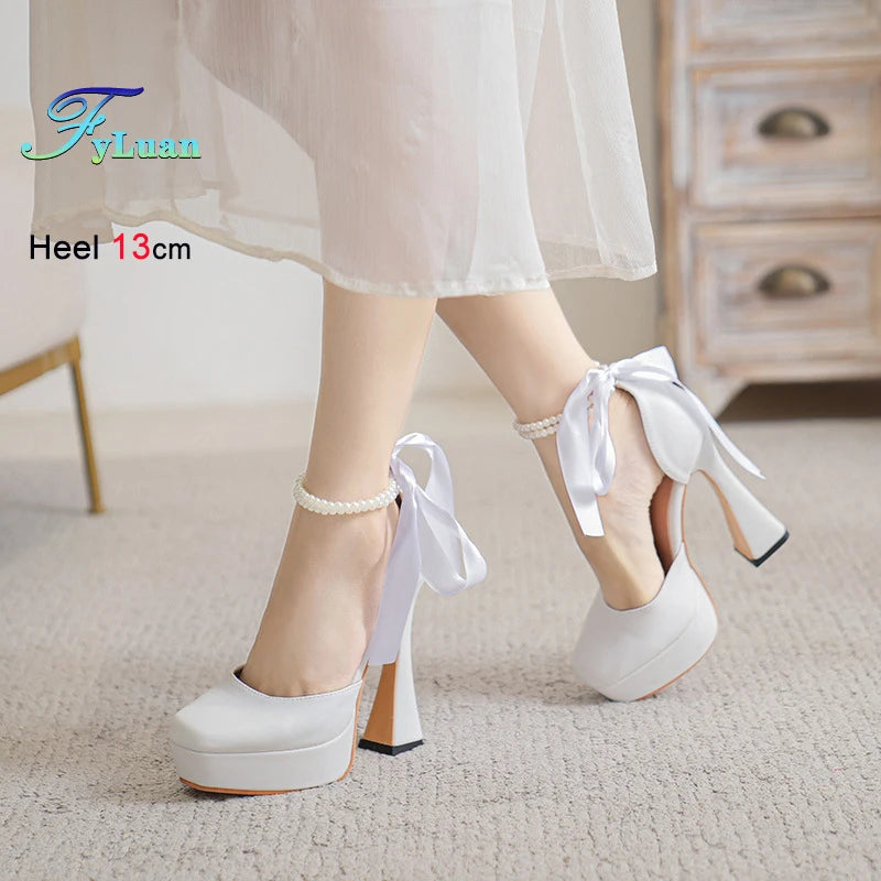 2025 Summer High Heels Womens Sandals Fashion Super High Heels Sandals Bow One Word Buckle Square Head Coarse Heels Ladies Shoes