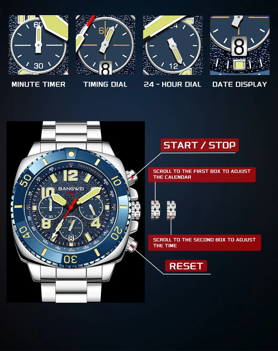 BANGWEI 2025 Luxury Watches Men Fashion Sports Quartz Wristwatches 30M Waterproof Luminous Chronograph Mens Watch Reloj Hombre