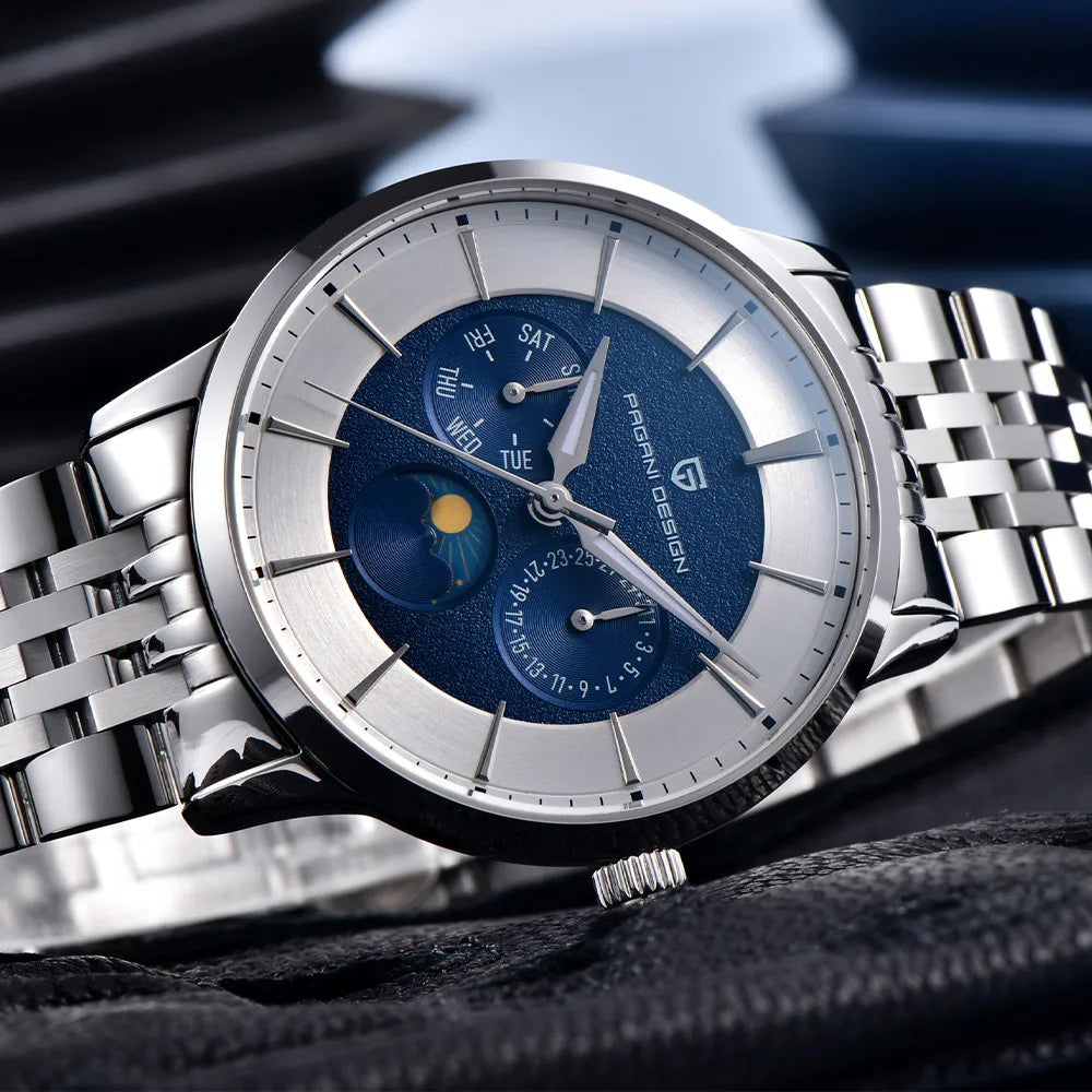Pagani Design 2025 New 40mm Moon Phase Multifunctional Men Watch 100m Waterproof Sapphire Glass Men Quartz Watches