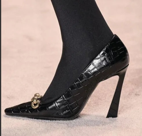 2025 New Summer Black High Heels Women's French Design Elegant 10Cm Stiletto Pumps Slip On Leather Pointed Toe Metal Buckle Shoe
