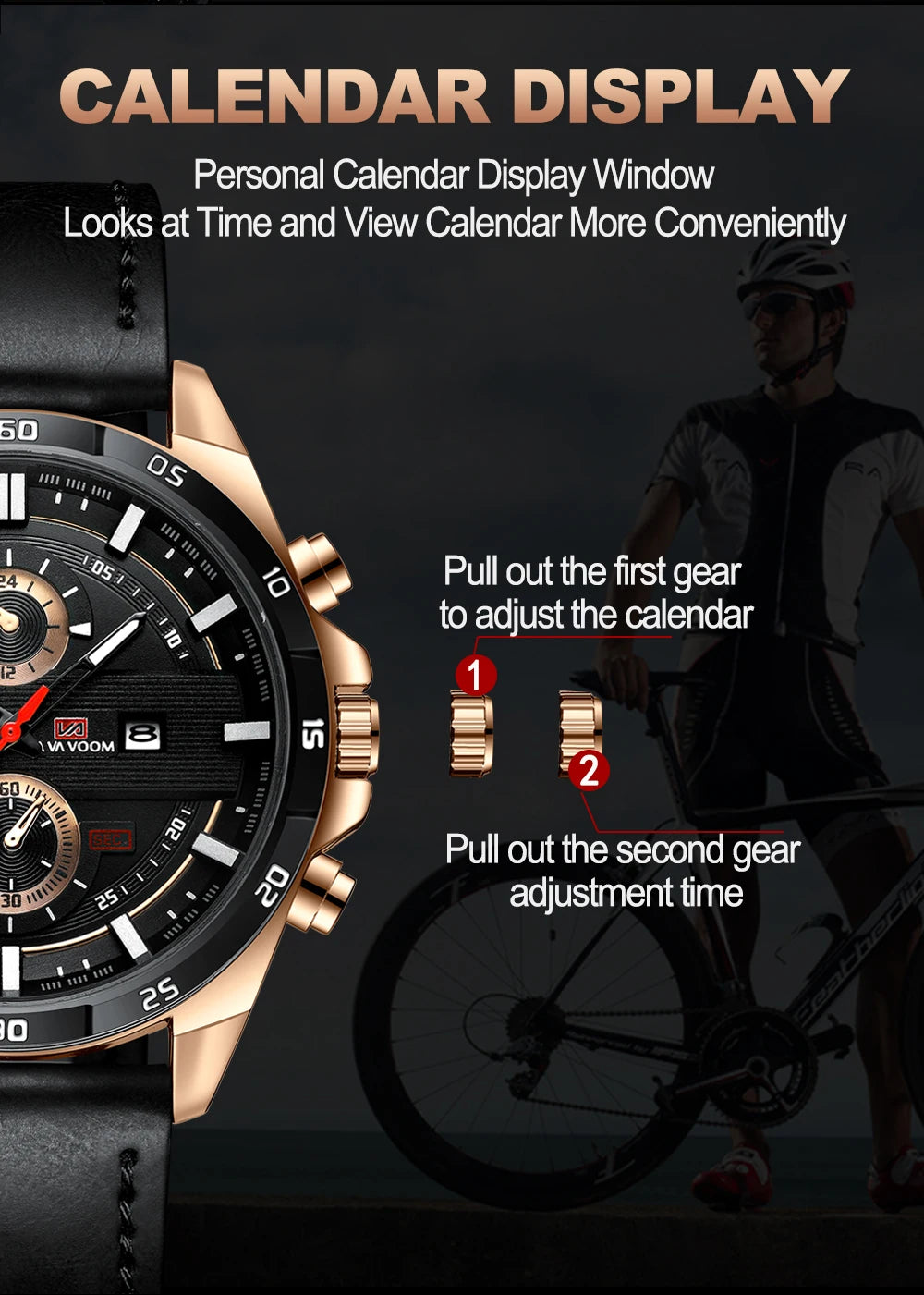 Black Leather Watch Top Brand Motorsport Series 46mm Large Military Style Quartz Movement Decorative Calendar Watch reloj hombre
