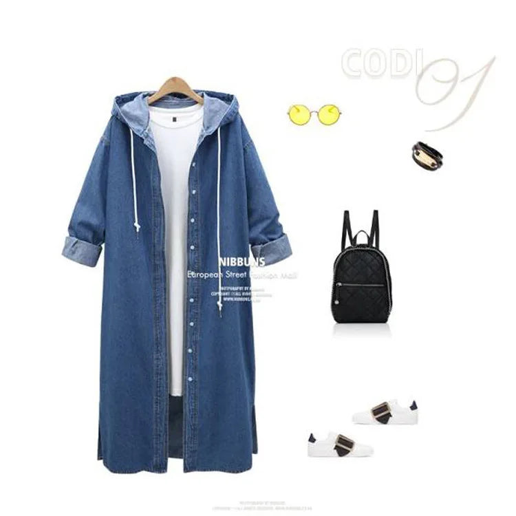 Women Denim Long Spring Autumn Hooded Casual Jacket