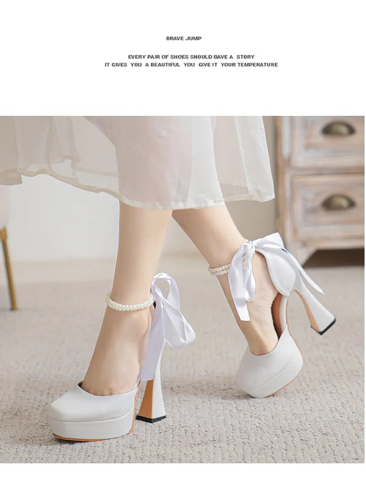 2025 Summer High Heels Womens Sandals Fashion Super High Heels Sandals Bow One Word Buckle Square Head Coarse Heels Ladies Shoes