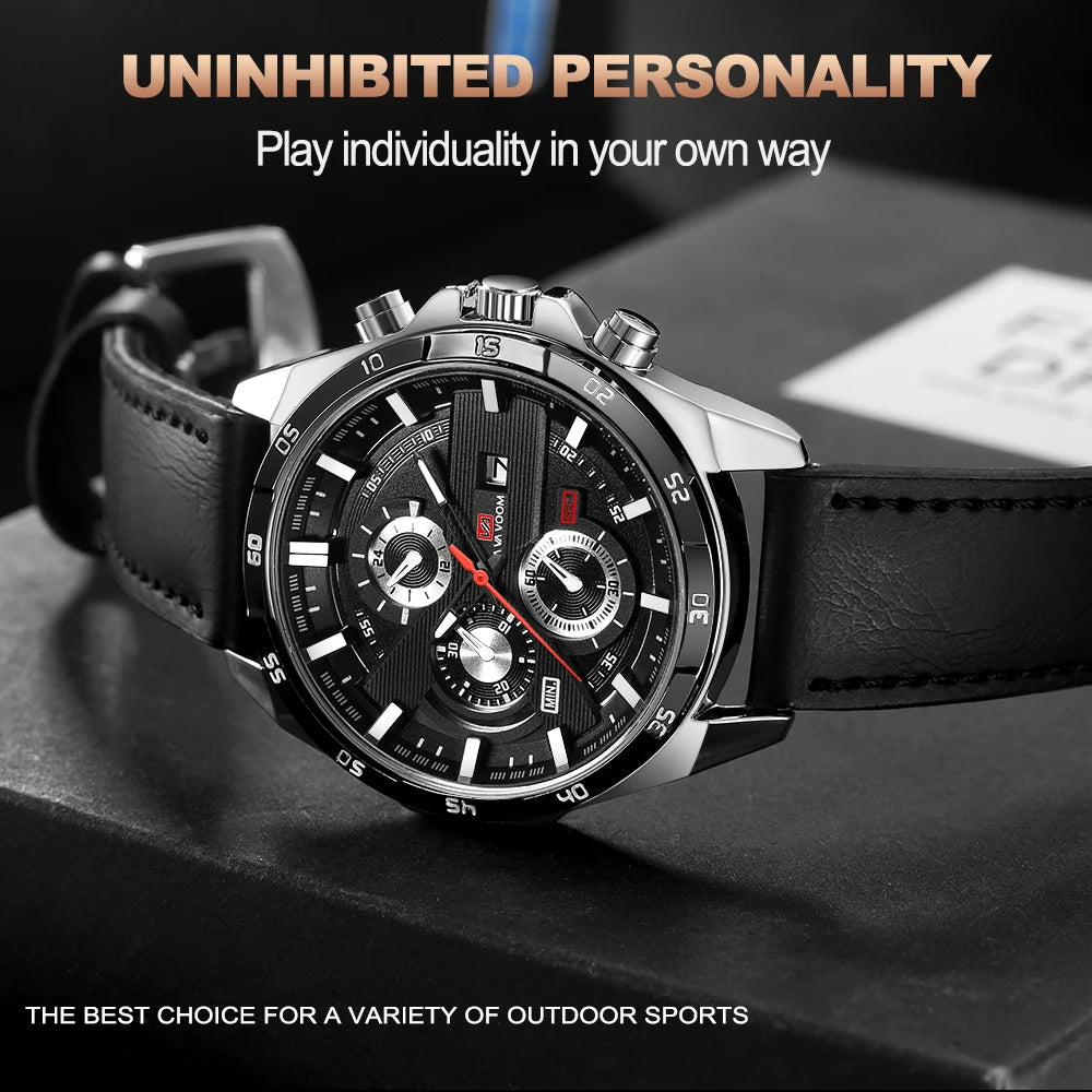 Black Leather Watch Top Brand Motorsport Series 46mm Large Military Style Quartz Movement Decorative Calendar Watch reloj hombre
