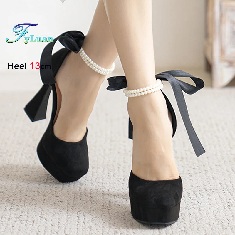 2025 Summer High Heels Womens Sandals Fashion Super High Heels Sandals Bow One Word Buckle Square Head Coarse Heels Ladies Shoes