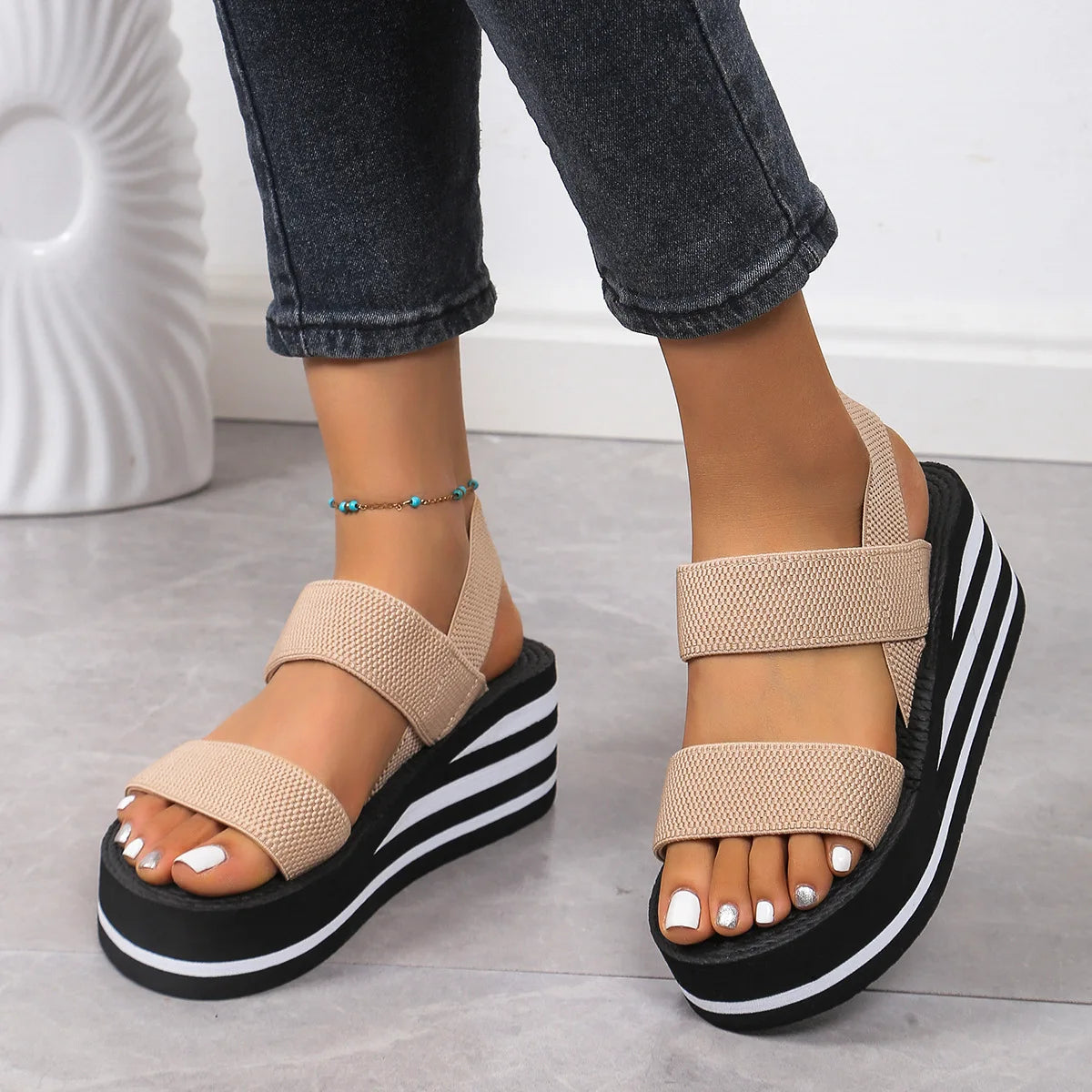 Women's Leisure Wedge Sandals Open Toe Thick Soled Platform Summer Casual Shoes Back Strap Light Weight Ladies Slingback Sandals