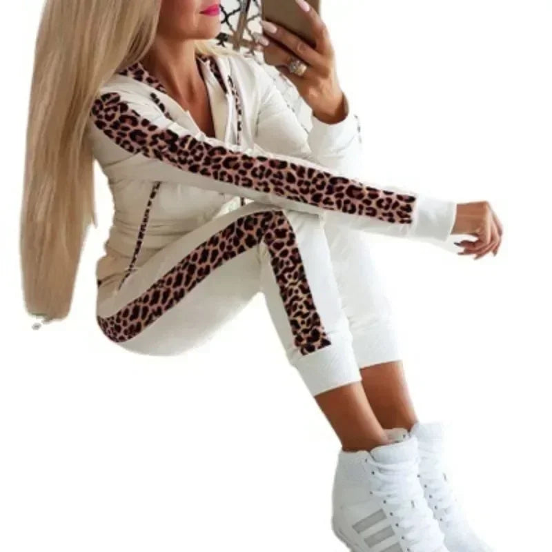 Women's S-5XL Plus Size Autumn and winter new women's leopard print printed zippered hoodie set, sexy home clothing