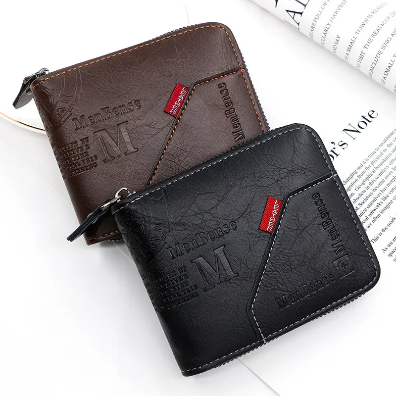 Men's Wallet Made of PU Wax Oil Skin Purse for Men Coin Purse Short Male Card Holder Wallets Zipper Around Money Coin Purse
