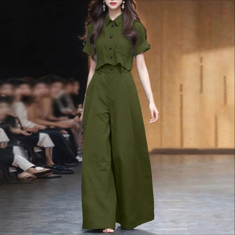 ZANZEA Plus Size 5XL Women Pant Sets Summer Two-piece Outfits Fashion Short Sleeve Shirts and High Waist Wide Leg Pants Suits