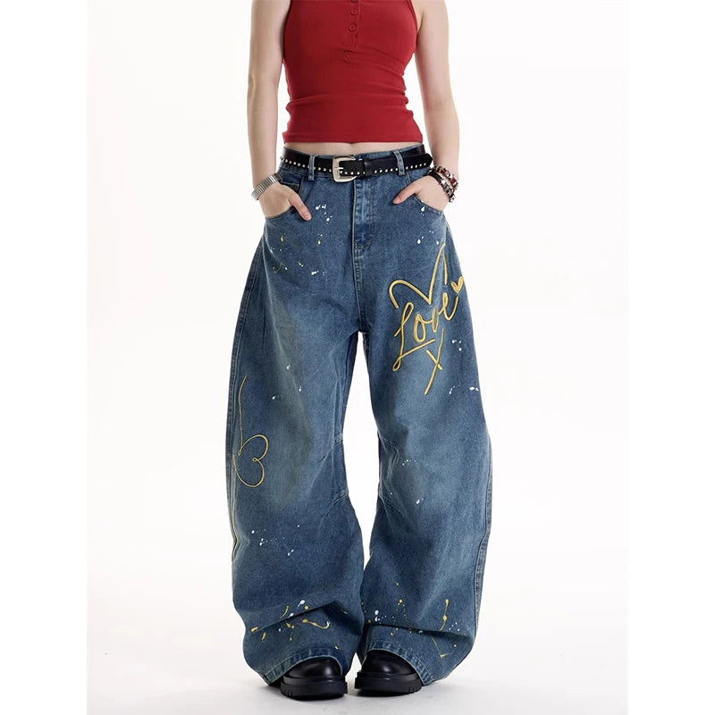 ZHIZOU Women Blue Baggy Y2k Jeans Harajuku Vintage Denim Trousers Japanese 2000s Style Oversize Jean Long Pants Trashy Clothes
