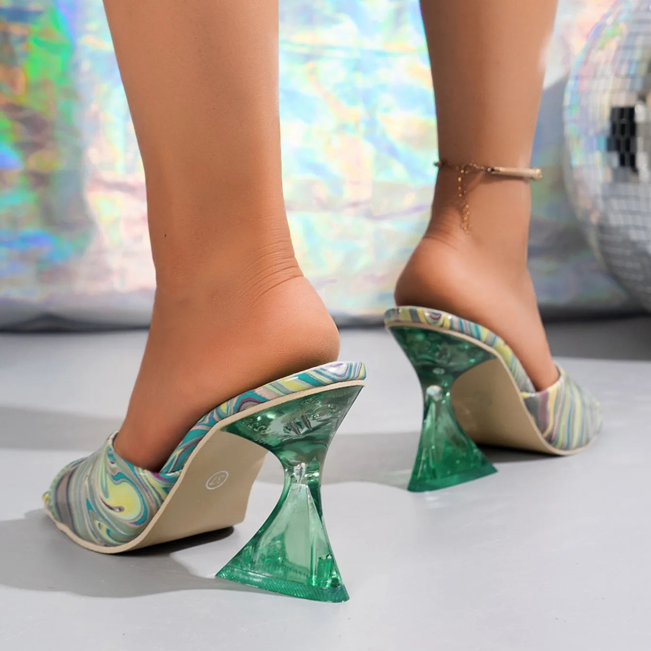 Women High Heels Slippers New Summer Mix Color Graffiti Sandals Open Toes Squared Toes Transparent Fashion Sandals Slides Women
