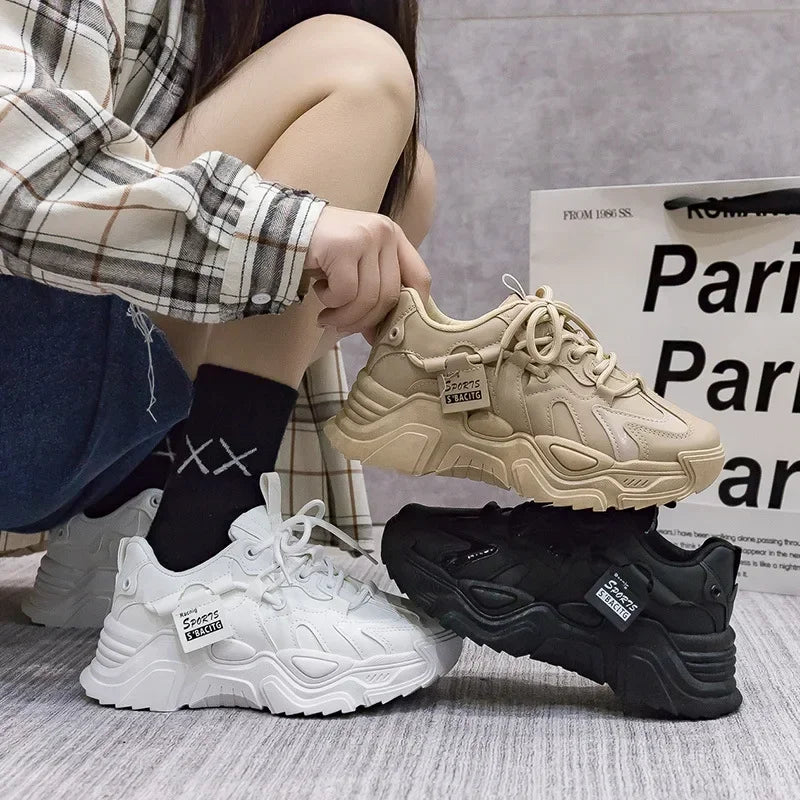 Women's Shoes Platform Autumn Leather 2023 New Versatile Black Casual Sneaker Solid Color Lace-up Vulcanize Shoes Tenis Feminino