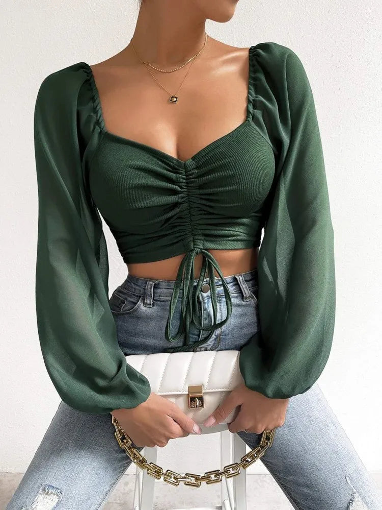 Ladies Summer Casual Drawstring Crop Tops Tee