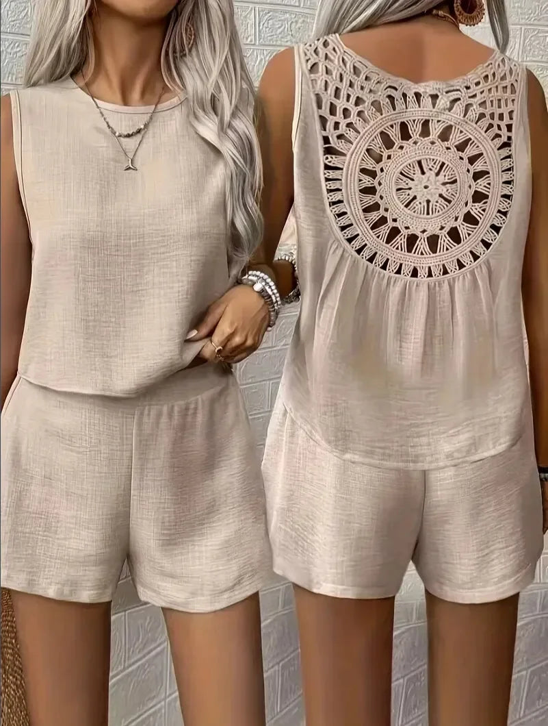 Women’s Plus Size Linen Sets Hollow Out Back Round Neck Sleeveless Vest And Shorts 2-Piece Set Summer Female Daily Vacation Sets